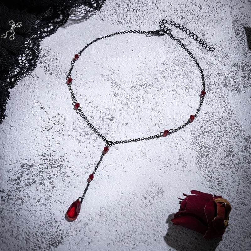 Cicod Gothic Y Necklace,Goth Black Red Crystal Bead Teardrop Necklace,Punk Y Necklace,Halloween Christmas New Year Jewelry Vampire Accessories for Women - Image 5